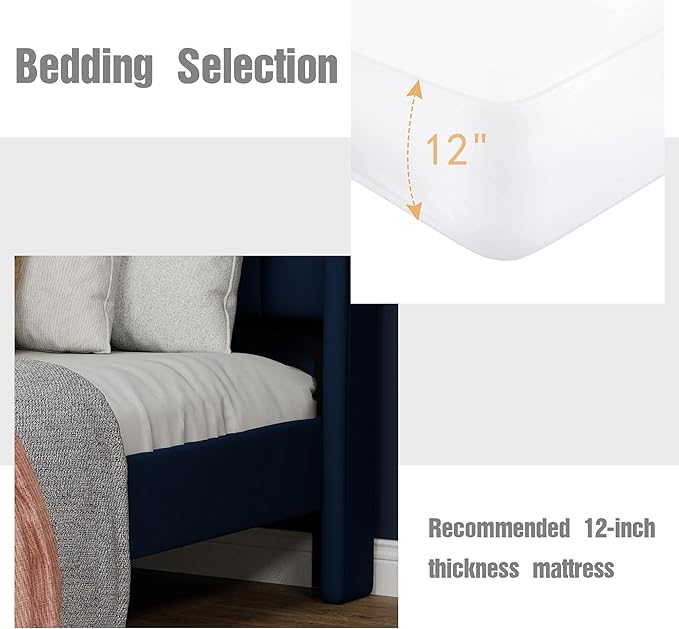 Upholstered Platform Queen Size Bed Frame with Headboard Wooden Slats Support No Noise Easy Assembly Blue Velvet