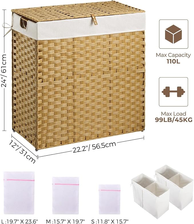 Greenstell Laundry Hamper with lid, No Install Needed, 110L Wicker Laundry Baskets Foldable 2 Removable Liner Bags, 2 Section Clothes Hamper Handwoven Rattan Laundry Basket with Handles, Natural