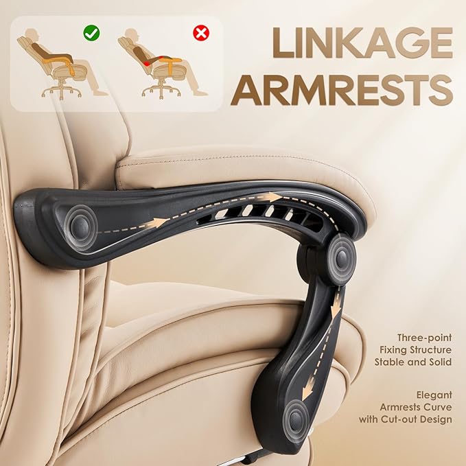 COLAMY Office Chair with Retractable Footrest, Ergonomic High Back Design Executive Computer Desk Chair with Removable Lumbar Pillow, 90-135°Reclining, Thick Bonded Leather, 2 PCs, Khaki