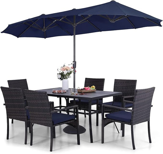 Patio Outdoor Table and Chairs Set with Umbrella Navy, Patio Dining Sets for 6, 7 Pieces Patio Table Set Clearance for Backyard Deck Porch Outside, Metal Table with Hole & Cushioned Rattan Chairs