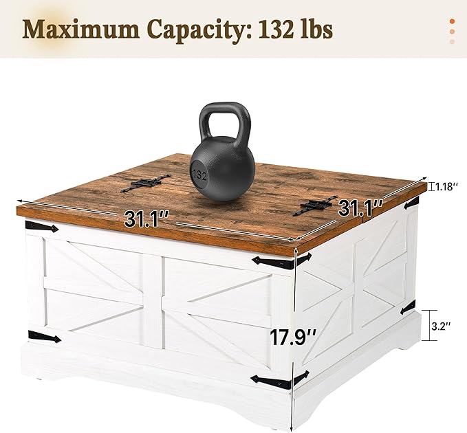 MXV Farmhouse Coffee Table with Storage, Square Coffee Tables for Living Room, Rustic Wood Center Table with Hinged Lifting Tabletop for Home, White