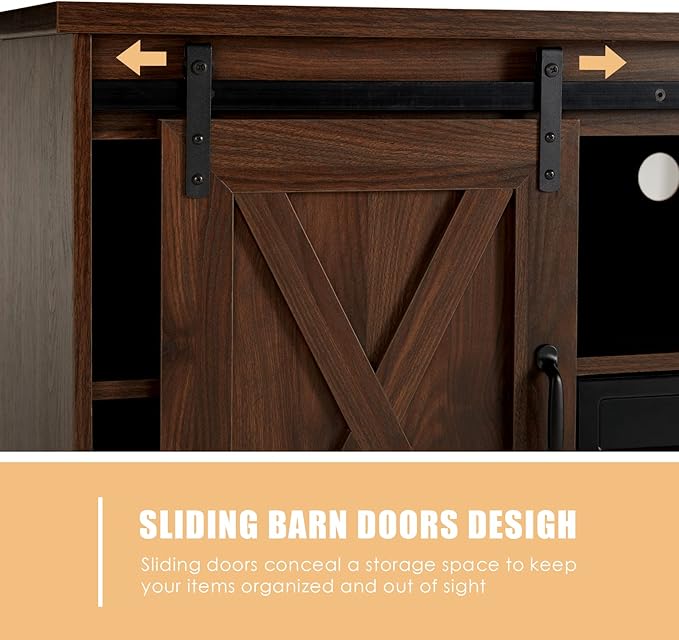 AMERLIFE Fireplace TV Stand with Sliding Barn Door for TVs up to 65", Farmhouse 59" Fireplace Entertainment Center with Storage Cabinets/Adjustable Shelves, Dark Walnut