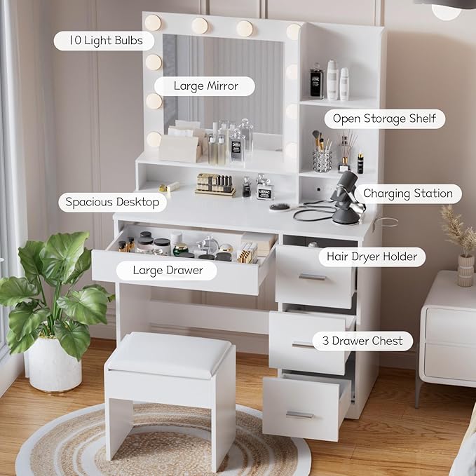 YESHOMY Vanity Desk with Mirror, Power Outlet and 10 Lights, Makeup Table with 4 Drawers, 3 Color Modes Available for Bedroom, White, 39.3x17.7x58.8 inch