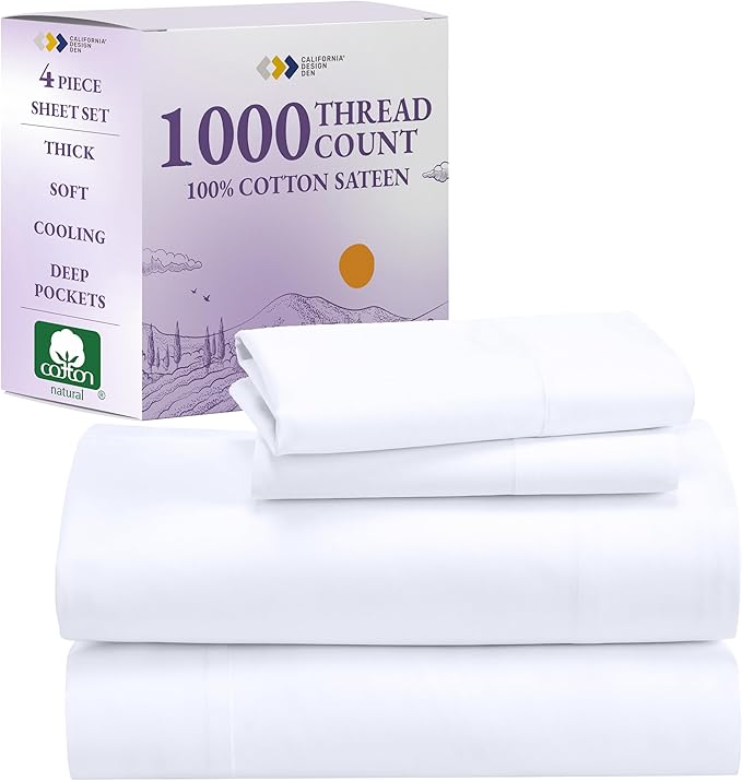 California Design Den Queen Sheet Set - Luxury 1000 Thread Count Sateen, Thick and Natural 100% Cotton Bedsheets, Deep Pockets, Soft, Breathable and Durable Bedding Set - White