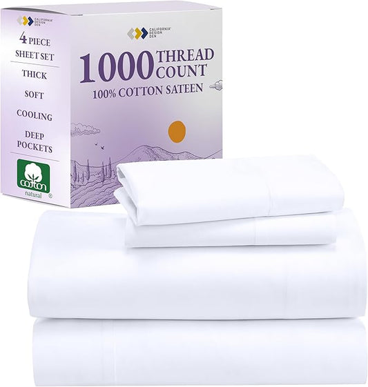 California Design Den King Size Sheets Set - Luxury 1000 Thread Count Sateen, Thick and Natural 100% Cotton Bed Sheets, Deep Pockets, Soft, Breathable and Durable Bedding Set - White