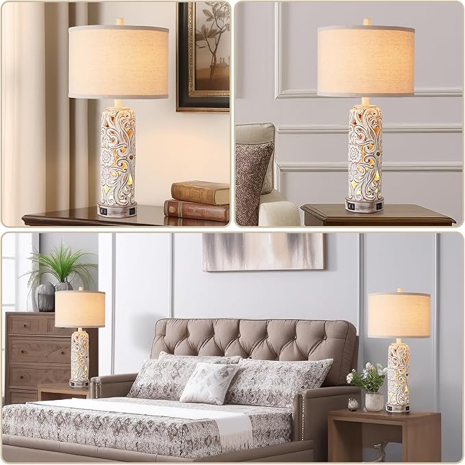 RORIANO Set of 2 Rustic Farmhouse Table Lamps for Living Room Bedroom, Vintage Bedside Lamp with Dual USB Port, Antique White Resin Retro Nightstand Lamps with Night Light