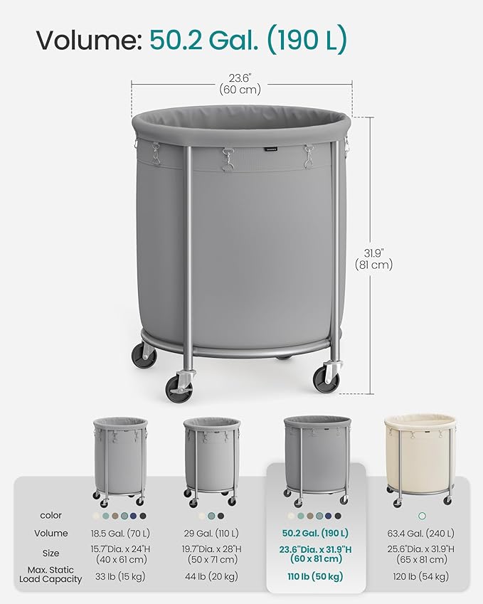 SONGMICS 50.2-Gallon (190 L) Laundry Basket with Wheels, Rolling Round Heavy-Duty Laundry Hamper Cart with Steel Frame and Removable Bag, 2 Locking Wheels, Gray and Metallic Silver URLS001G01