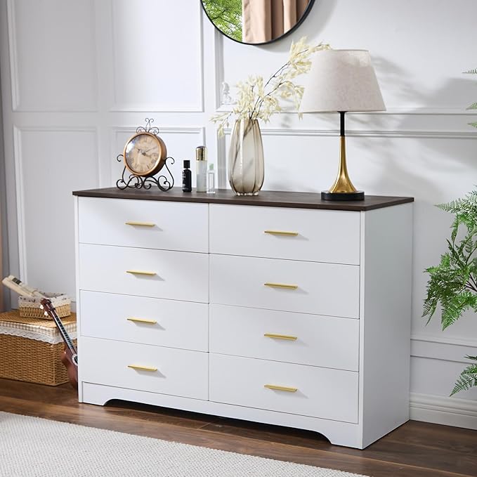 LIDYUK White Dresser for Bedroom, 8 Drawer Dressers & Chests of Drawers, Modern Wood Dresser, 48 Inches Wide Chest of Drawers for Bedroom, Hallway, Living Room
