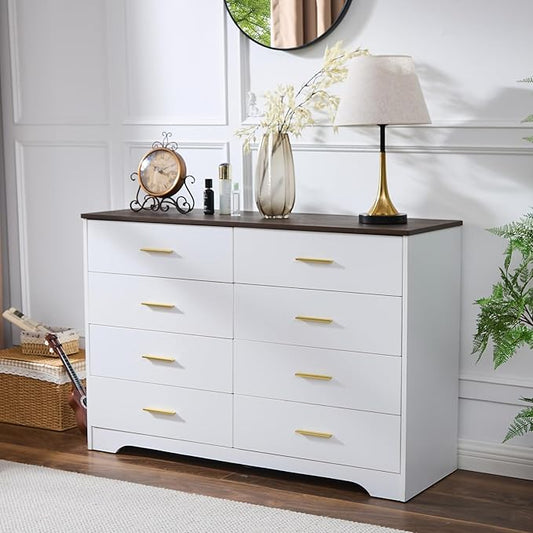LIDYUK White Dresser for Bedroom, 8 Drawer Dressers & Chests of Drawers, Modern Wood Dresser, 48 Inches Wide Chest of Drawers for Bedroom, Hallway, Living Room