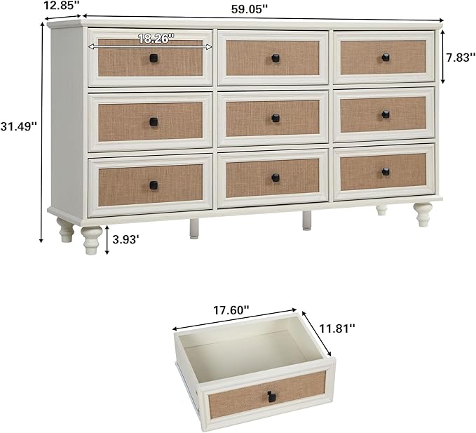 9 Drawer Dresser for Bedroom, Mid Century Modern Wide Wood Rustic Chest of Drawers Wooden Storage Organizer Dressers with Burlap Rattan Drawers for Living Room, Hallway Closet, Entryway, Beige White