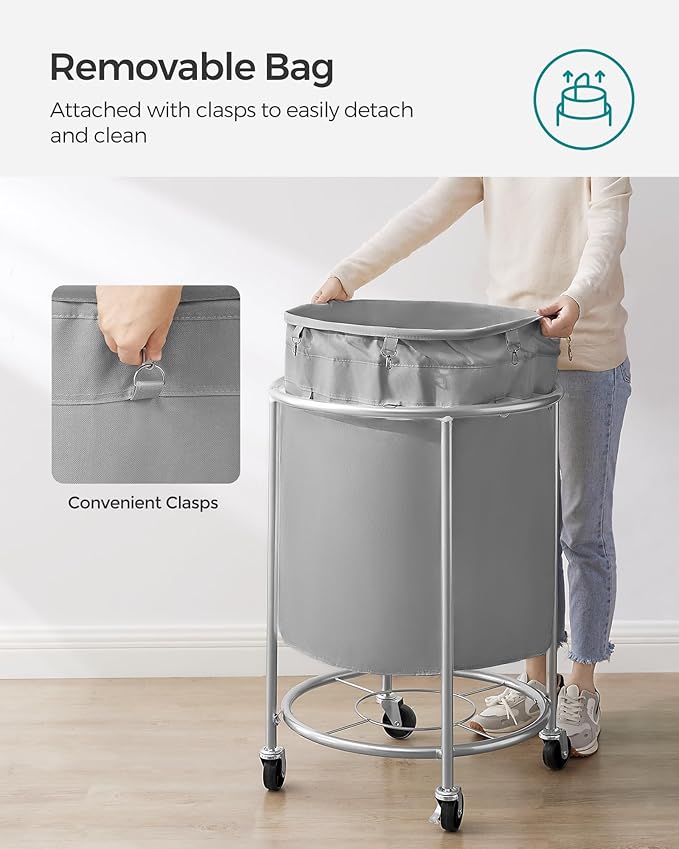 SONGMICS 50.2-Gallon (190 L) Laundry Basket with Wheels, Rolling Round Heavy-Duty Laundry Hamper Cart with Steel Frame and Removable Bag, 2 Locking Wheels, Gray and Metallic Silver URLS001G01