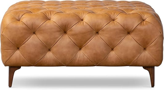 POLY & BARK Turin Ottoman with Wood Legs in Cognac Tan