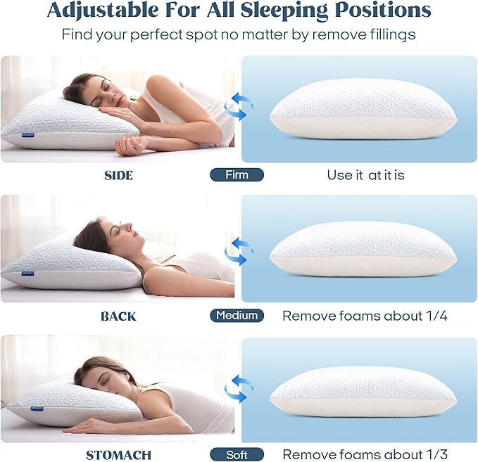 puredown® King Size Pillows Set of 2, Shredded Memory Foam Pillows, Cooling King Pillow 2 Pack, Adjustable Firm Bed Pillow for Sleeping, Side, Back and Stomach Sleepers