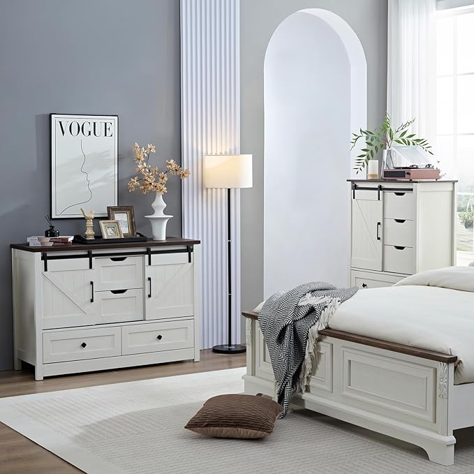 White Dresser for Bedroom with 5 Drawers, 48" Tall w/Sliding Barn Door, Farmhouse 5 Chest of Drawers for Bedroom, Hallway, Living Room, Dining Room, Antique White