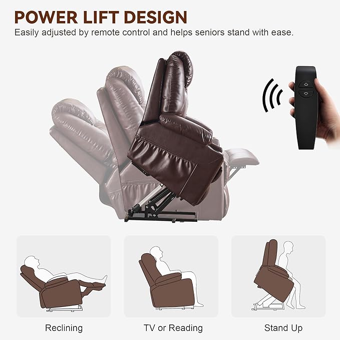 SALOHZA Power Lift Recliner Chair for Elderly with Massage and Heat for Living Room, Electric Recliner Chair for Adults with USB/Type C Port/Cup Holders, PU Faux Leather, Chocolate Brown