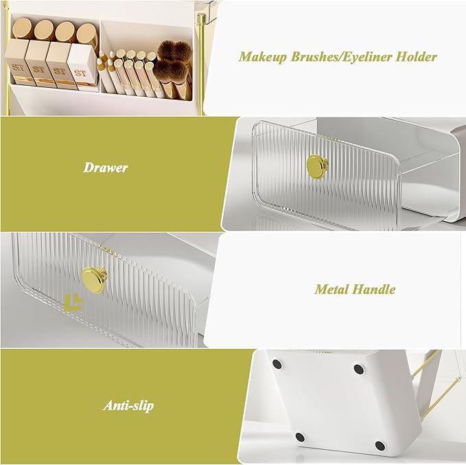 FOLLOWIN Bathroom Counter Organizer with Drawer,Dresser Top Organizer with Make Up Brush Holder,Makeup Shelf,Vanity Organizers,Cosmetic Perfume Organizer,Clear