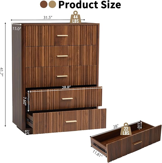 Fluted 5 Drawers Dresser for Bedroom, Wooden Tall Storage Dresser, Modern Chest of Drawers with Metal Handle, Curved Profile Wood Closet Clothes Storage Organizer for Living Room, Hallway, Walnut