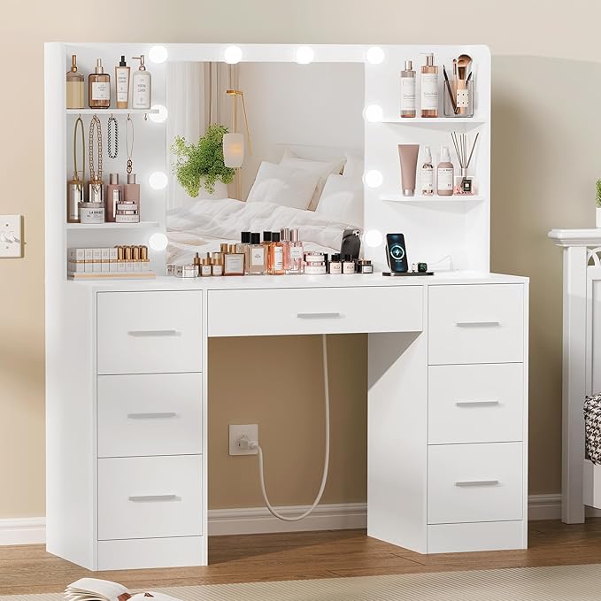 Quimoo Large Vanity Desk with LED Lighted Mirror & Power Outlet,Makeup Vanity Table with 7 Drawers,4 Shelves and 5 Hooks,Vanity Table, Vanity Desk Set for Bedroom,Bathroom,White
