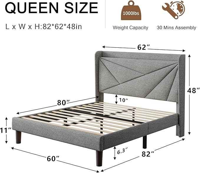 Queen Size Upholstered Bed Frame with Charging Station, Platform Bed Frame with Storage Headboard, Solid Wood Slats Support, No Box Spring Needed, Light Gray
