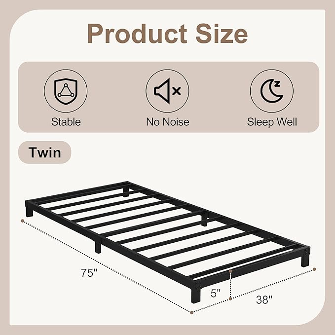 5 Inch Low Bed Frame Twin, Heavy Duty Twin Bed Frames Low Profile, No Box Spring Needed, Easy Assembly, Noise Free, Black