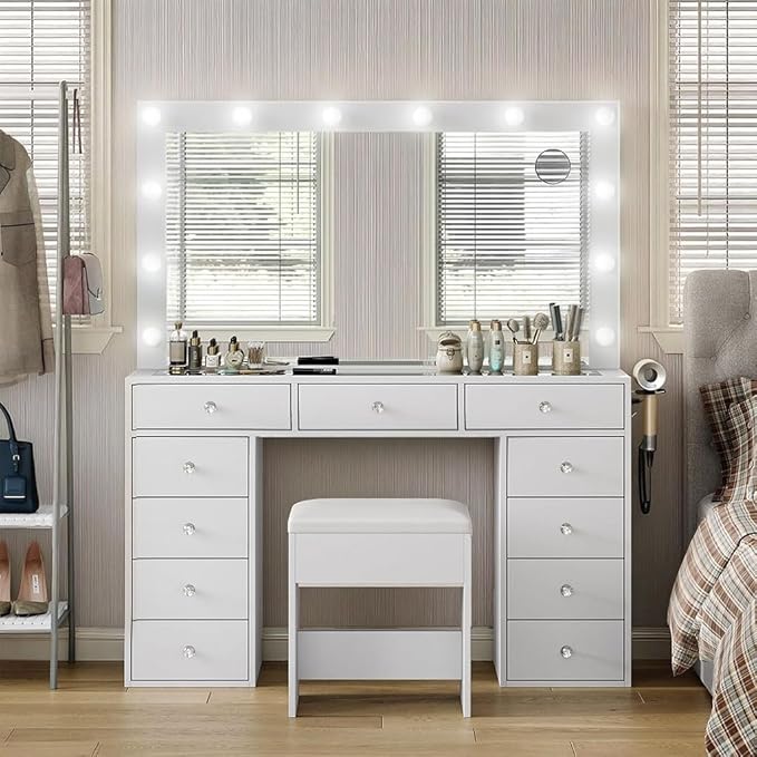 Vanity Desk with Mirror, Makeup Table with Power Outlet and 11 Lights, Set 3 Lighting Modes Brightness Adjustable, Vanity Table with 11 Drawers and Cushioned Stool for Bedroom, Dressing Room (White)