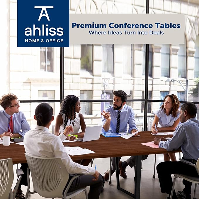Sturdy Conference Table with Cable Management Grommets Modern Rectangle Office Meeting Table with Wood Tabletop and Metal Frame & Legs- Easy Assembly Boardroom Table (Mahogany, 12 Foot)