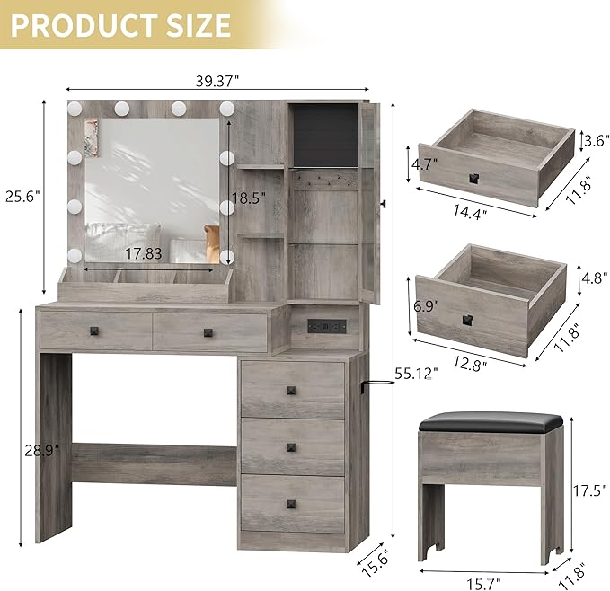 Vanity Desk with Mirror and Lights, Makeup Vanity Table Set with 5 Storage Drawers, Power Outlet & Chair, Small Dressing Table with RGB Ambient Light, Adjustable Brightness for Girls Bedroom, Grey