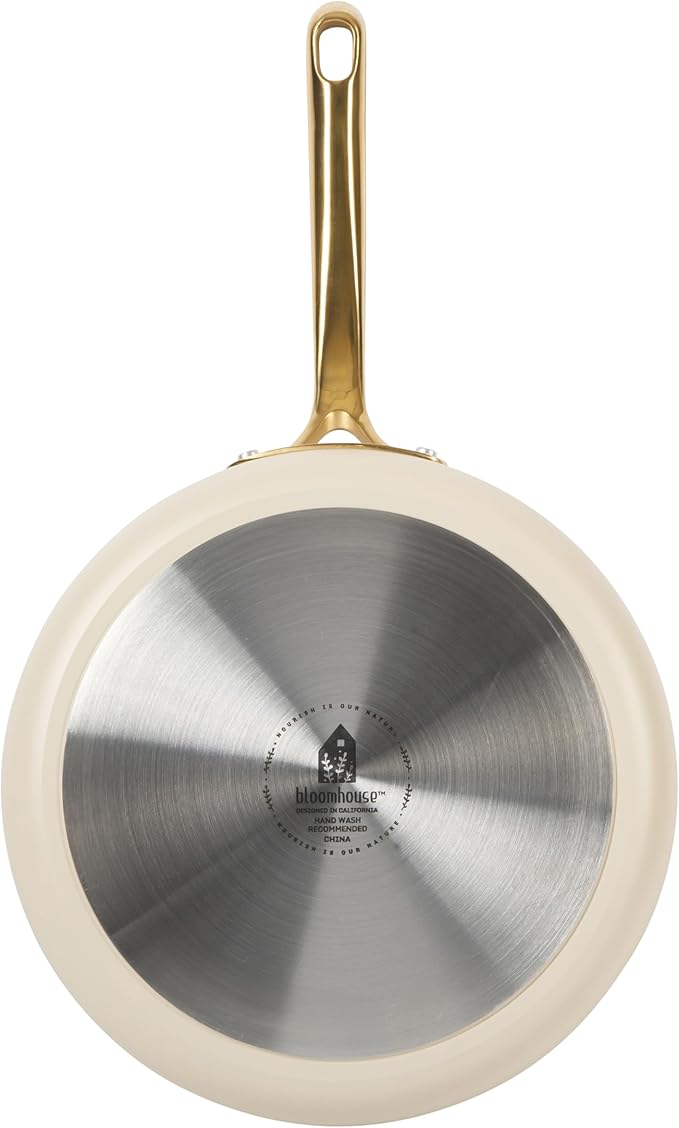 bloomhouse 10 Inch Heavy Duty Aluminum Premium PFA Free Ceramic Nonstick Saute/Deep Frying Pan Skillet with Lid - Almond Cream w/Gold Handle