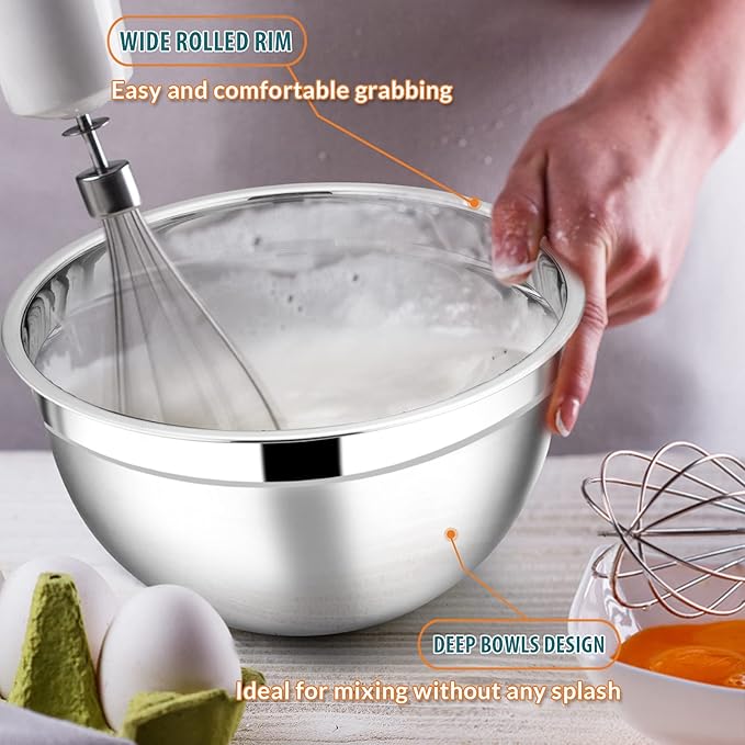 E-far Mixing Bowls with Teal Blue Lids Set of 5, Stainless Steel Mixing Bowls Metal Nesting Bowls with Airtight Covers for Cooking, Baking, Serving, Storage - Size 0.7/1/1.5/3/4.6QT - Dishwasher Safe