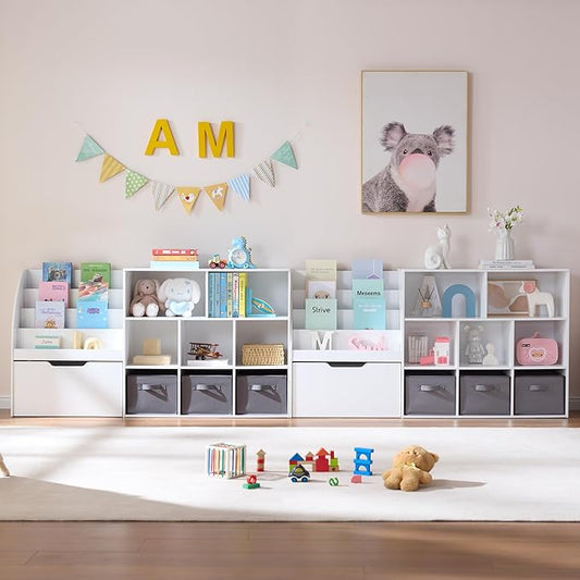 Kids Bookshelf and Toy Storage, 2 Pack 58.5’’ Toy Organizer with Movable Chests & 3 Storage Bins, Large Kids Reading Nook with 5 Cubbies for Playroom, Bedroom, Nursery, White