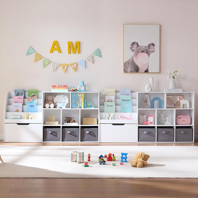 Kids Bookshelf and Toy Storage, 58.5’’ Toy Storage Organizer with Movable Chests & 3 Storage Bins, Large Kids Reading Nook Toy Organizers and Storage with 5 Cubbies for Playroom, Bedroom, White