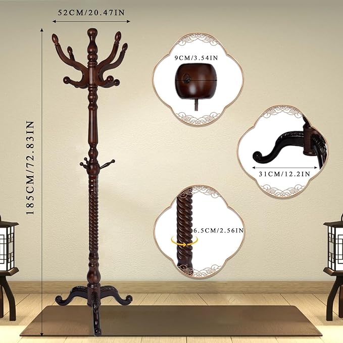 Coat Rack Freestanding, Wooden Tree Coat Rack Stand with 2 Adjustable Sizes Coat Tree and 11 Hooks, Sturdy Hall Tree with Tri-Legged Base for Entryway, Hallway, Bedroom (Walnut-Tri-Legged Base)