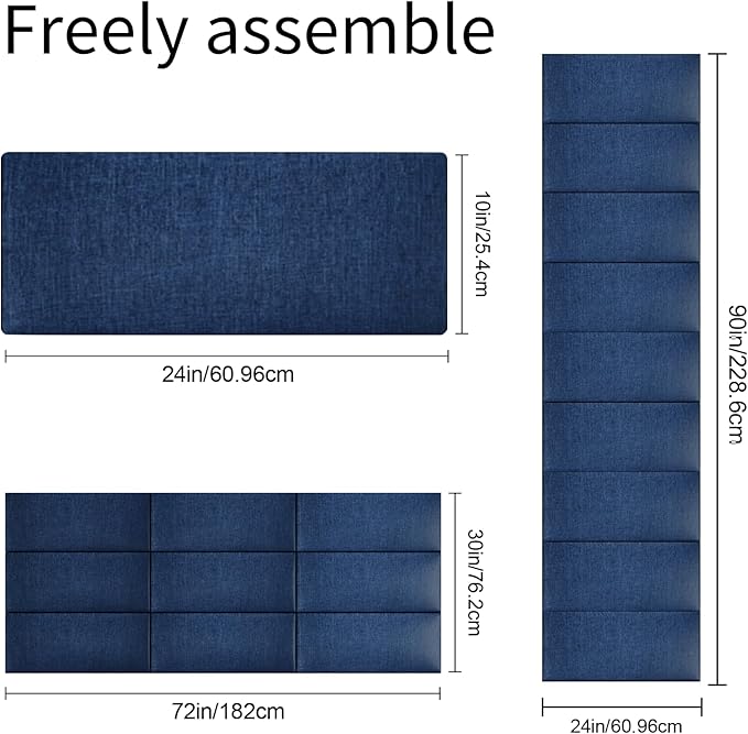 Peel and Stick Upholstered Headboard, 3D Soundproof Padded Wall Panels for Queen Size, Soft Tufted Bed Headboard, Reusable and Removable Bed in Blue (9 Panels, 10" x 24")