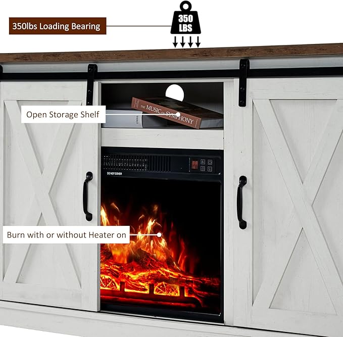 AMERLIFE Fireplace TV Stand with Sliding Barn Door for TVs up to 73", Farmhouse 63" Fireplace Entertainment Center with Storage Cabinets/Adjustable Shelves, Distressed White & Barnwood