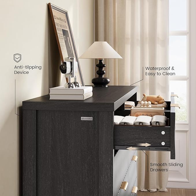 Dresser for Bedroom with 8 Drawers, 46.9" Wide Modern Chest of Drawers with Metal Handle, Wood Dresser TV Stand, Wood Storage Organizer for Bedroom, Living Room(Black)