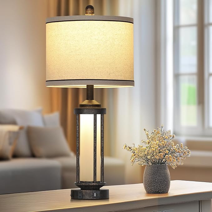 Farmhouse Table Lamp, 27" Vintage Rustic Retro Beside Lamp with USB A+C Charging Ports & AC Outlet, Industrial Modern Lamp with Glass LED Night Light for Living Room Bedrooms Nightstand 1 Pack