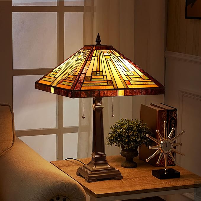 Capulina Tiffany Lamp Stained Glass Table Lamp 16X16X24 Inches Amber Brown Mission Tiffany Style Desk Lamp Decor for Bedrooms Living Room Study Home Office