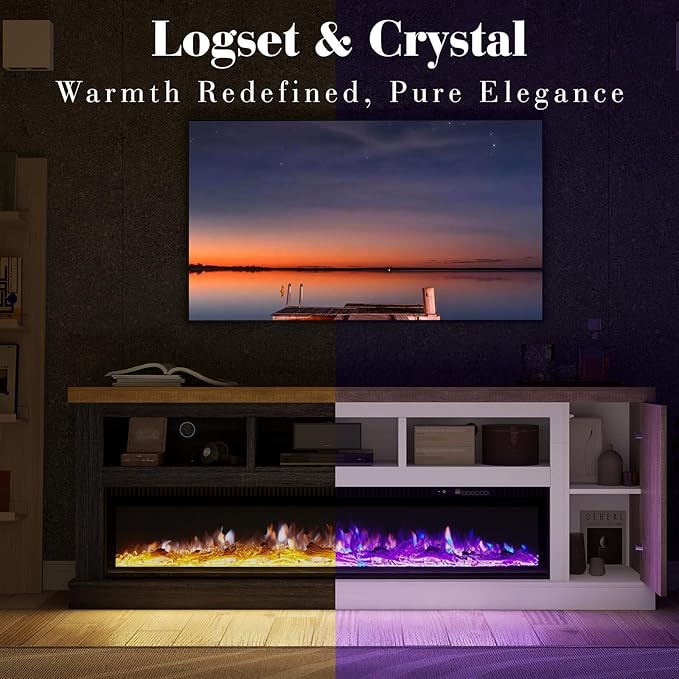 75” Fireplace TV Stand with 60” Electric Fireplace, Chunky Entertainment Center with Wood Grain, Color Clash Entertainment Stand for TVs up to 85”, White&Grey