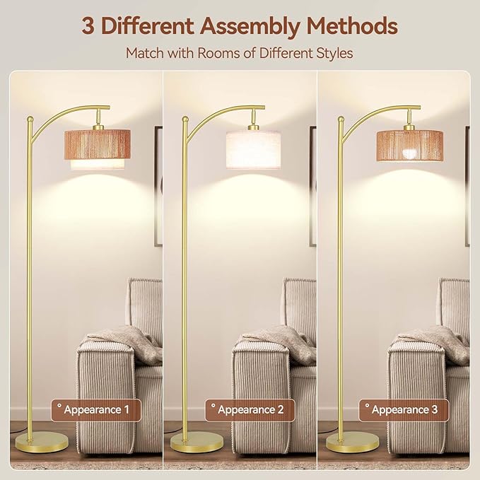 SUNMORY Floor Lamps for Living Room with 12W LED Bulb, Arc Floor Lamp with 3 Color Temperatures, Farmhouse Floor Lamps with Adjustable Rattan & Fabric Shades, Boho Standing Lamp for Bedroom, Corner