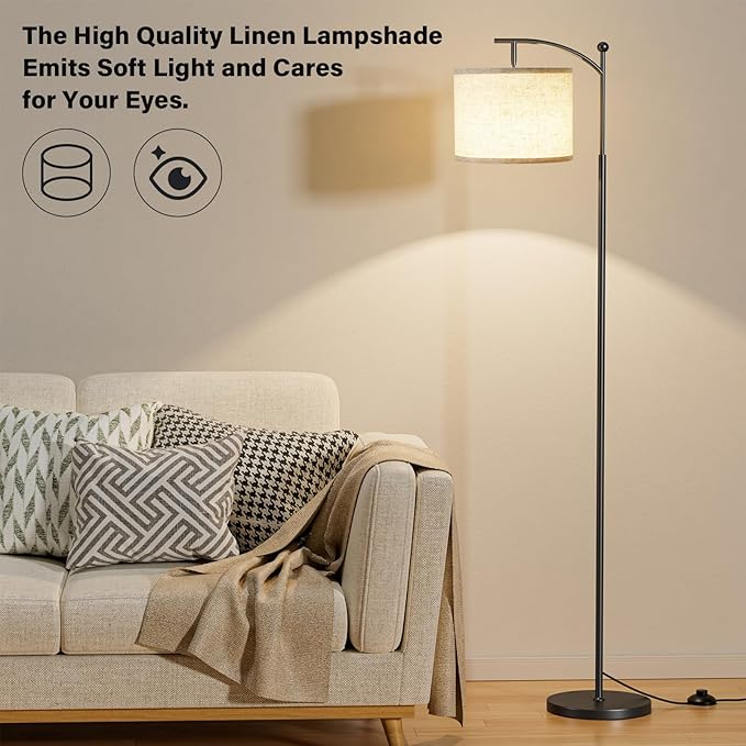 Ambimall 60" Floor Lamp with Remote Control and Stepless Dimmable Bulb, Colors Temperature & Brightness Adjustable, Modern Floor Lamps for Living Room（Beige Shade & Black Pole）