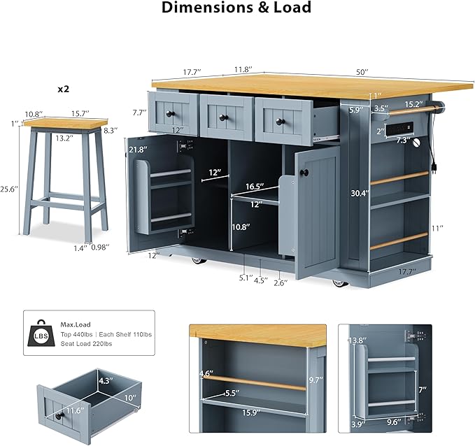 Large Kitchen Island Cart on 5 Wheels with 2 Bar Stools, Power Outlet, Drop Leaf, 3 Drawers, Kitchen Storage Cart with 5 Open Side Racks for Kitchen, Dining Room, Home Bar Grey Blue
