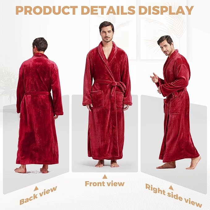 FashGudim Mens Robes Big and Tall Full Length Plush Fleece Long Robe for Men Bathrobe Shawl Collar Warm Winter House Robes