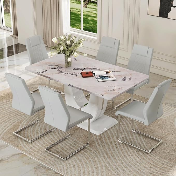 Dining Table Set for 6, Kitchen Table Chairs Set of 6, Modern Dining Room Set 63'' Faux Marble Dinner Table PU Leather Upholstered Chairs for Kitchen