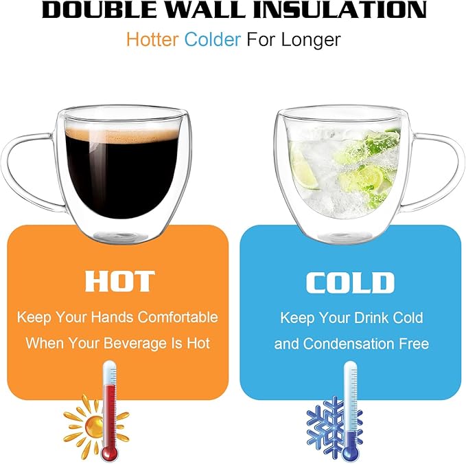 Clear Glass Double Wall Insulated Round Coffee Mugs Set of 6 Pieces - Small Size 5.5oz Best Reusable Coffee Mug for Home Cafe Restaurant Perfect for Espresso Capucinno Lungo Latte Coffee