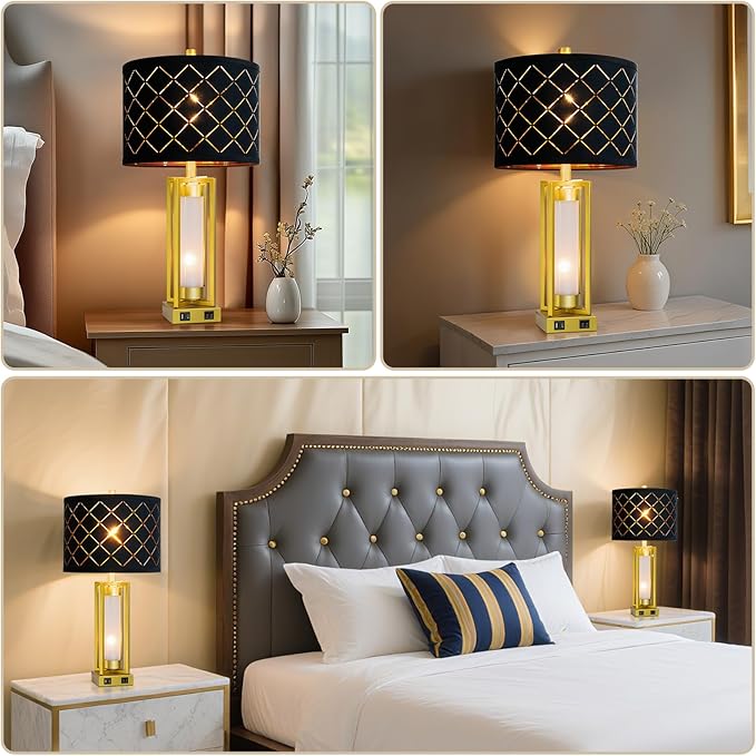 RORIANO Set of 2 Modern Table Lamps for Living Room Bedroom with USB C+A, Rustic Nightstand Lamps with White Night Light, Black Grid Shade, Desk Lamps for Bedside End Tables, 4 Bulbs Included (Gold)