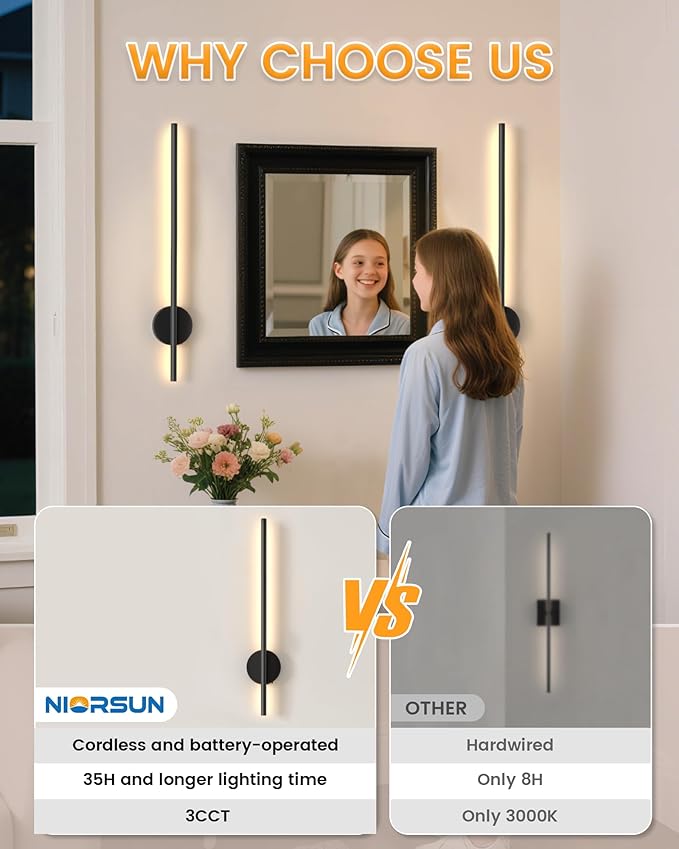 NIORSUN 27.6 Inch Battery Operated Wall Sconce Set of 2, Black Minimalism Rechargeable Wall Lights with Remote, 3CCT Dimmable Wireless Wall Lamp for Living Room Bedroom Hallway
