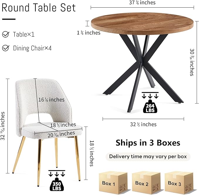 NORDICANA 5-Piece Dining Table Set for 4 - Space Saving 37-Inch Round Table and Chairs, 4 Seaters Dining Set with Upholstered Dining Chairs (Beige)