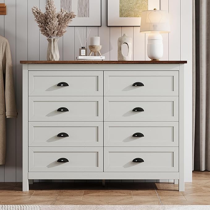 Farmhouse White Dresser for Bedroom, Wide Wood Dressers & Chests of Drawers, Modern 8 Drawer Double Dresser for Bedroom with Vintage Black Handle, 8 Drawer Dressers for Hallway, Antique White