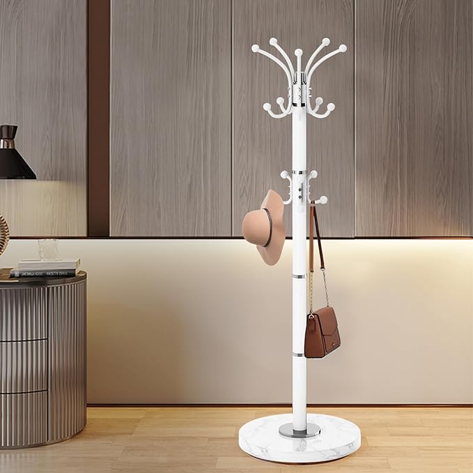 Modern Metal Coat Rack Stand, 360°Rotary Coat Rack Freestanding with Natural Marble Base, White Sturdy Coat Racks with 16 Hooks, Coat Racks Hall Tree Stand for Entryway (White)
