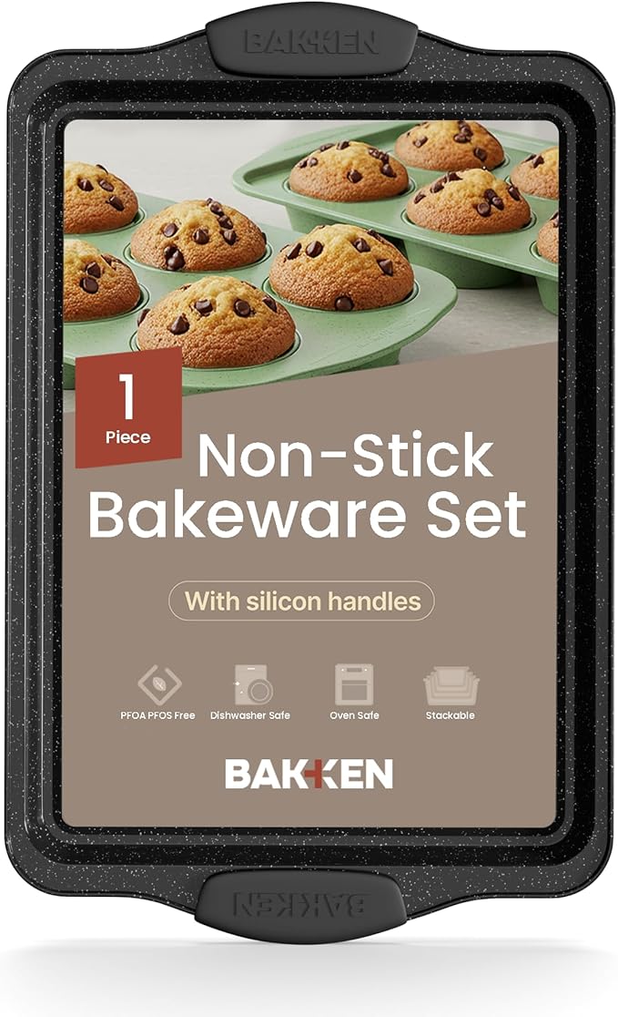 BAKKEN Kitchen Baking Pans - 15.15 x 10.03" Medium Nonstick Sheet, Durable Carbon Steel Cookie Sheet with Gray Silicone Handles, PFOA, PFOS, PTFE Free, Oven Safe Tray (Up To 450°F), Set of 1